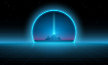 Teleport, Discovery Of New Worlds Of Galaxies Panorama, Fantasy Portal To Far Universe. Retro Background Futuristic Landscape 1980, Gateway To Another Universe. 3d Render, Pyramids With Beam Of Light