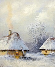 Old House In The Snow, Old Village. Fine Art, Artwork