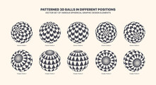 Vector Assorted Various Patterned 3D Balls In Different Positions With Checkered Chevron And Triangle Pattern Set Isolated On Light Back. Black White Graphic Variety 3D Spherical Design Elements Group
