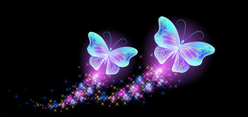 Wall Mural - Flying delightful butterflies with sparkle and blazing trail flying in night sky among shiny glowing stars in cosmic space. Animal protection day concept.