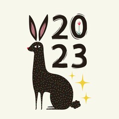 Vector illustration of Chinese New Year 2023 symbol, year of the rabbit. Typography poster with black and yellow line art animal character. Trendy party print design with hare and calligraphy