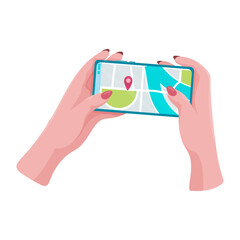 Wall Mural - Hands holding a phone or tablet. Phone with map and marker. Mobile gps navigation and path tracking concept. The woman is holding a phone in her hand. Vector illustration.