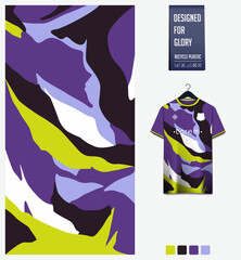 Soccer jersey pattern design. Fluid stains pattern on violet background for soccer kit, football kit, sports uniform. T shirt mockup template. Fabric pattern. Abstract background. 