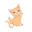 Ręcznie rysowany uroczy mały rudy kotek. Wektorowa ilustracja zadowolonego, rozbawionego kota. Słodki, zabawny zwierzak. Obrazki dla dzieci.	
