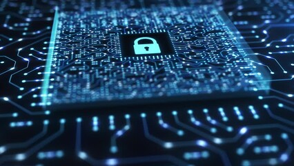 Cyber security and protection of private information and data concept. Locks on blue integrated circuit. Firewall from hacker attack