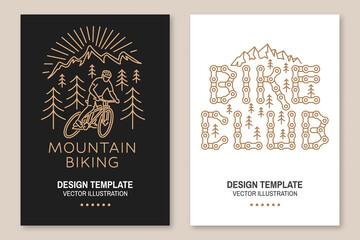 Wall Mural - Set of Mountain biking flyer, brochure, banner, poster. Vector illustration. Concept for shirt or logo, print, stamp or tee. Vintage line art design with man riding bike and mountain silhouette.