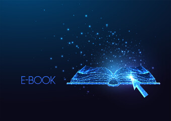 Wall Mural - e-book, digital library, online learning concept with futuristic open book and arrow pointer