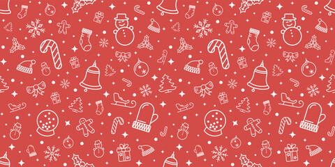 Wall Mural - Merry Christmas and Happy New Year seamless pattern, vector vintage illustration. Season greetings typography with hand drawn icons and design elements for wrapping paper prints decoration needs.