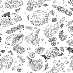 Wall Mural - Meat seamless pattern. Beef, pork, lamb. Hand -drawn vector illustration. Carved style. Food menu background. Sketch illustration.