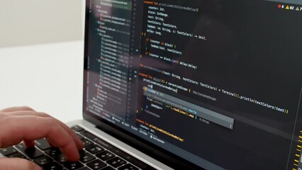 Coding on the screen, HTML encoding and programming on a laptop screen, developer, web development. Computer Web Developer. Cloud data social network media or virus. High quality 4k footage