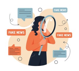 Spreading fake news concept. Young woman with magnifying glass analyzes untruth information and lies on Internet. Hoax on social networks and websites. Cartoon contemporary flat vector illustration