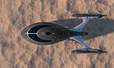 spaceship is landed in desert sunset top spy drone view