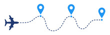 Airplane Path Route Banner With Plane Icon, Dash Line Trace And Destination Symbol Illustration.