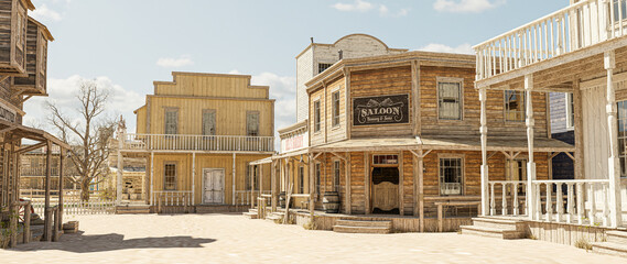 3d illustration rendering of an empty street in an old wild west town with wooden buildings.