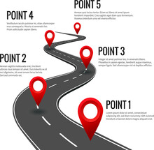 Road Infographic Curved Road Timeline With Red Pins Checkpoint Strategy Journey Highway With Milestones Concept