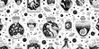 Halloween seamless pattern. Potion alchemy symbol. Magic elixir bottle and flask with cat, galaxy, shell. Occult witchcraft mystic sketch. Celestial esoteric black print with witch, pharmacy element