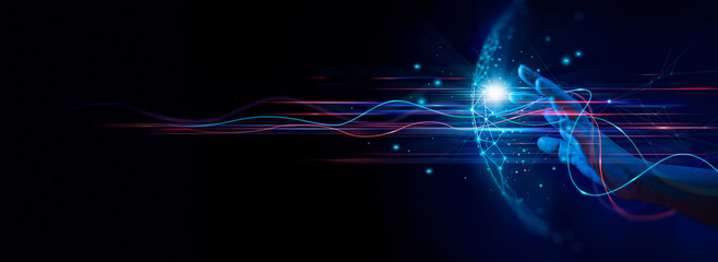 Fototapete - Businessman touching global network connection and data exchanges on internet network and digital software development, Algorithm and data science. social networking and communication.