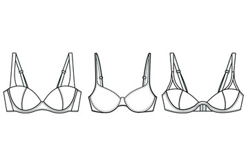 Sets of Bra, Push Up Bra, Half Cup Bra  Fashion Illustration, Vector, CAD, Technical Drawing, Flat drawing.