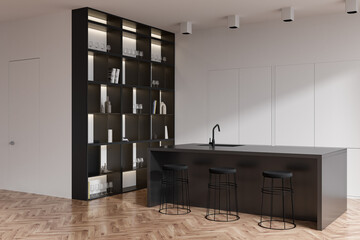 Kitchen interior with countertop and bar chairs, decoration and glasses