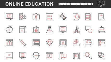 Poster - Training courses, video tutorials and online library to study thin red and black line icons set vector illustration. Abstract digital lectures and books for students, mobile learning technology