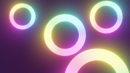 Wall Mural - Spinning Glowing Neon Rainbow Rings Circles Rotating Float Neon Light - Abstract Background Texture