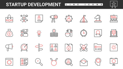 Poster - Business startup development thin red and black line icons set vector illustration. Abstract target marketing analysis and brainstorm, creative strategy, mindset and vision for product launch