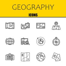 Geography Vector Line Icons Set. Map, Maps And Map Icons. Thin Line Design. Modern Outline Graphic Elements, Simple Stroke Symbols Stock Illustration