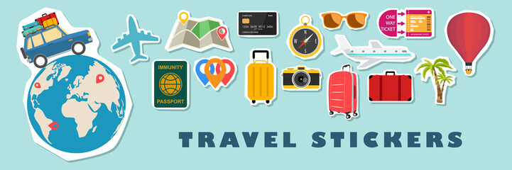 Set of Cute Travel Icon Patches and Sticker Collection. Vector illustration summer or autumn