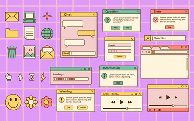 vector set of retro vaporwave computer interface. vintage browser and dialog window templates. nosta