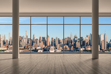 Midtown New York City Manhattan Skyline Buildings From High Rise Window. Beautiful Expensive Real Estate. Empty Room Interior Skyscrapers View Cityscape. Day Time. West Side. 3d Rendering.