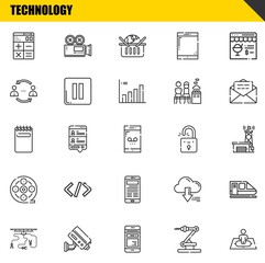 Sticker - technology vector line icons set. calculator, industrial robot and notepad Icons. Thin line design. Modern outline graphic elements, simple stroke symbols stock illustration