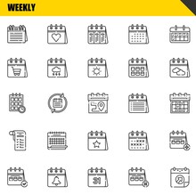 Weekly Vector Line Icons Set. Calendar, Calendar And Schedule Icons. Thin Line Design. Modern Outline Graphic Elements, Simple Stroke Symbols Stock Illustration