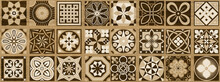 Wooden Seamless Brown Patchwork Moroccan Tile. Motifs Majolica Pottery Tile. Portuguese And Spain Decor Wall And Floor Ceramic Tile Design.