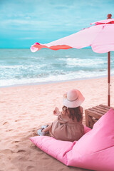 Wall Mural - Traveler asian woman travel and relax on beach in Pattaya summer Thailand