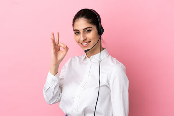 Poster - Young telemarketer over isolated background showing ok sign with fingers