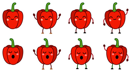 Wall Mural - Cute kawaii style red bell pepper vegetable icon, eyes closed. Version with hands raised, down and waving.