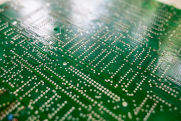 Fototapete - Old computer chips that are out of order. Not working microshops with transistors, chips and conductors. Blue system board with microchips and transistors