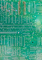 Poster - Old computer chips that are out of order. Not working microshops with transistors, chips and conductors. Blue system board with microchips and transistors