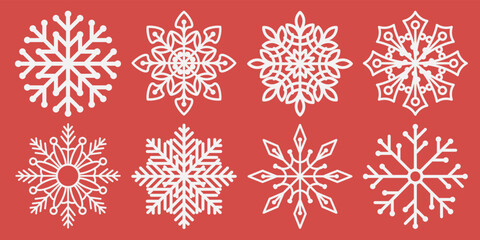 Wall Mural - Snowflake icons set. Isolated white silhouette on a red background. Used as a decorative element for Christmas and New Year designs, winter weather concepts. Vector illustration.