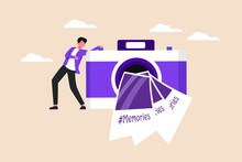 Happy Boy With Camera And Photos Printing Out. World Photography Day Concept. Flat Vector Illustration Isolated.
