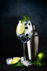 Wall Mural - Alcohol cocktail with lime, blueberry, ice cube and mint on dark background,