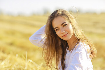 Wall Mural - girl summer tenderness white shirt field, happiness freedom look woman