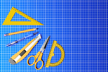 Wall Mural - 3D illustration yellow  cutter, scissors,  pencil, pen and ruller on blue background. 3D render and illustration of repair and installation tool