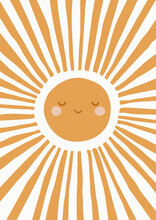 Cute Yellow Smiling Sun. Scandinavian Style Kids Room Decoration. Hand Drawn Cheerful Nursery Graphic Design. Isolated Vector Illustration. Ideal For Card, Invitation, Wall Decal, Poster And Other. 