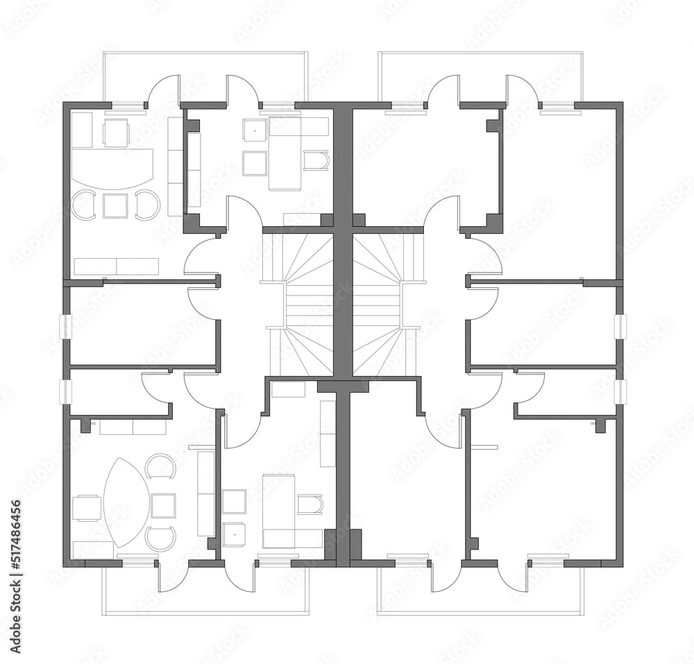 2d architectural drawing of an office plan. Furniture layout for work places.  Upstairs of a duplex building.  Monochrome image. 