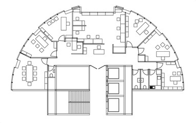 2d architectural drawing of an office plan.  Space planning and furniture layout for the work areas in a circular plan. Monochrome image.