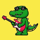 Fototapeta Dinusie - Cute Crocodile Playing Electric Guitar Cartoon Vector Icon Illustration. Animal Music Flat Cartoon Concept