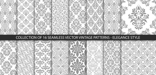 Canvas Print - Geometric floral set of seamless patterns. Gray and white vector backgrounds. Simple illustrations.