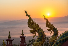 Beautiful Landscape Sunrise View Point At Wat Doi Prachan Mae Tha Temple, Thailand.