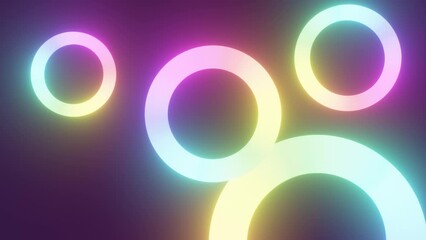 Wall Mural - Spinning Glowing Neon Rainbow Rings Circles Rotating Float Neon Light - 4K Seamless VJ Loop Motion Background Animation